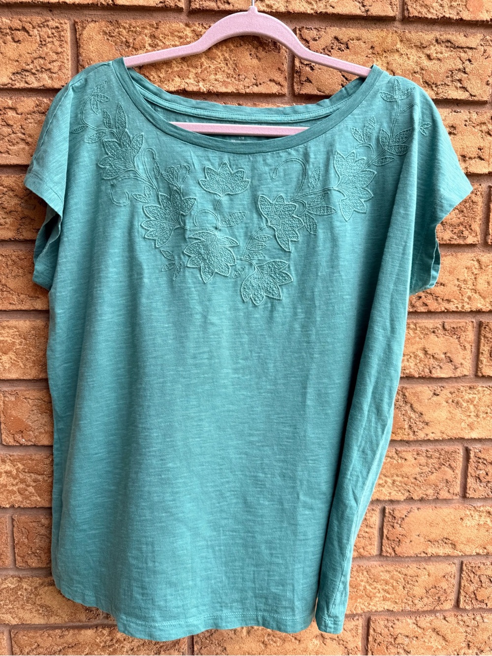 4/$25 • Penmans Teal Slub-Knit T-Shirt with Tonal Floral Embroidery